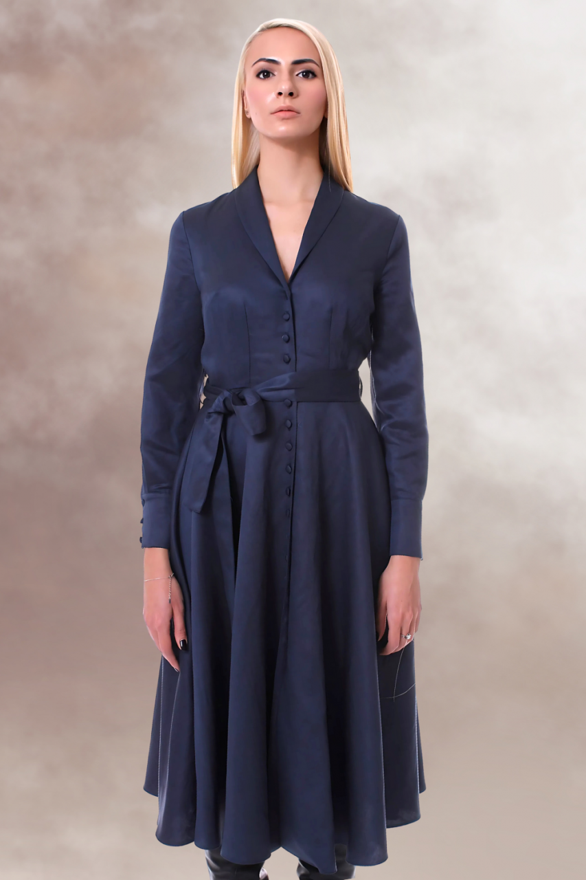 rochie office midi clos albastru bleumarin guler rever nasturi imbracati cordon in talie [6]
