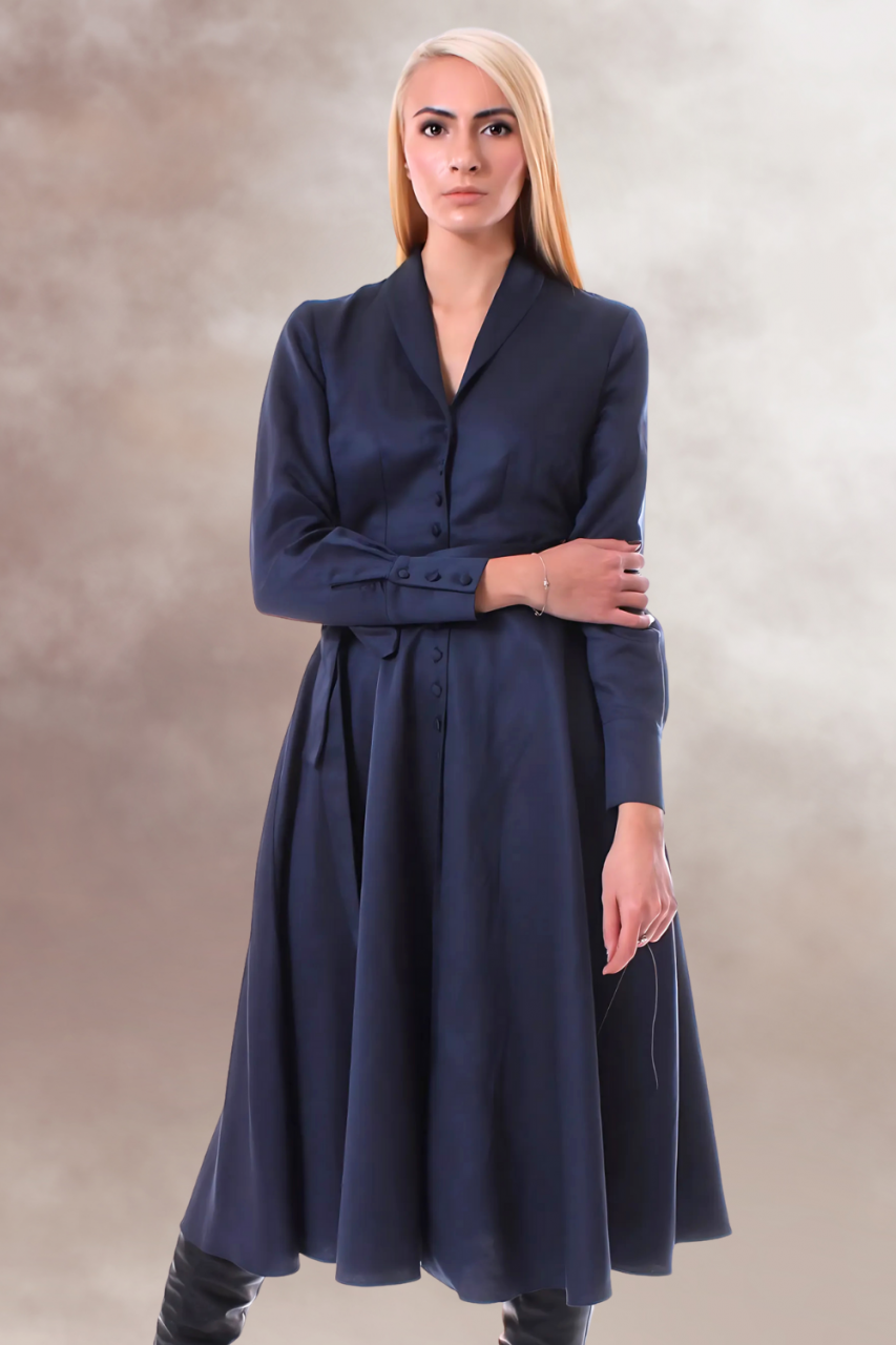 rochie office midi clos albastru bleumarin guler rever nasturi imbracati cordon in talie [3]