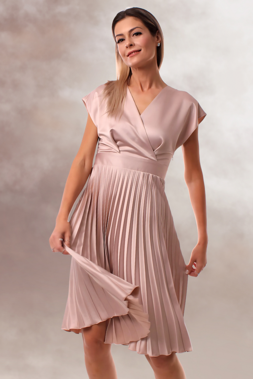 rochie satin midi plisata office bej bust parte peste parte [3]