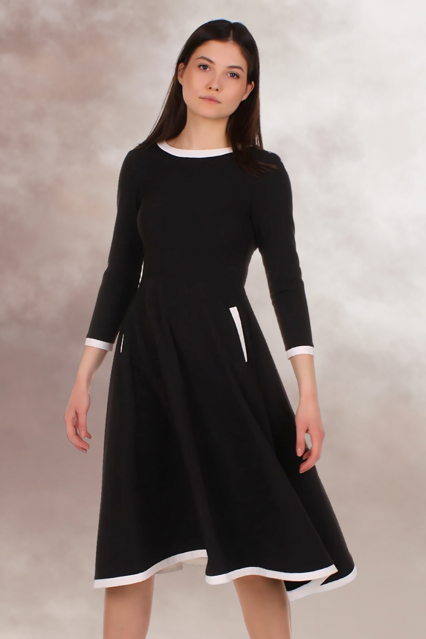 rochie office midi clos maneca lunga buzunare alb negru [2]