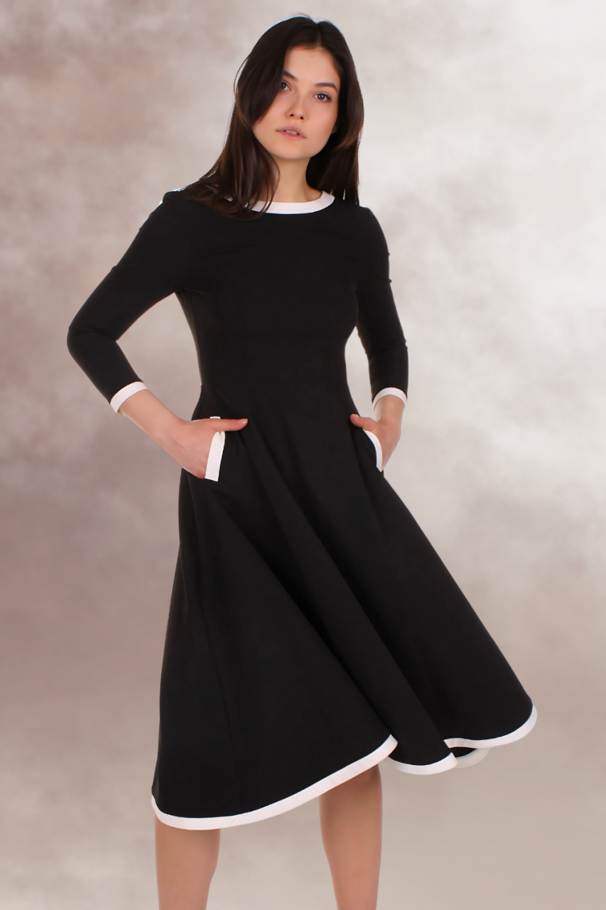rochie office midi clos maneca lunga buzunare alb negru [3]