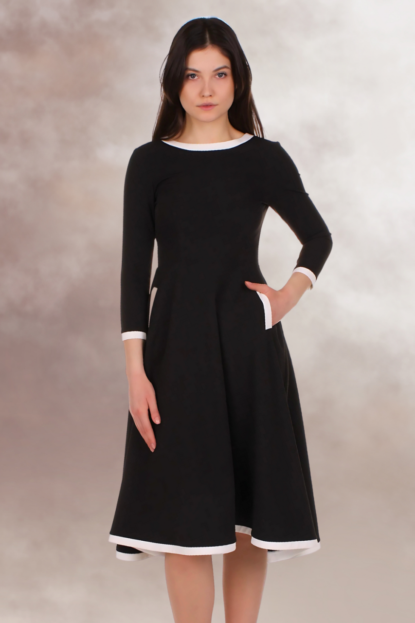 rochie office midi clos maneca lunga buzunare alb negru [5]