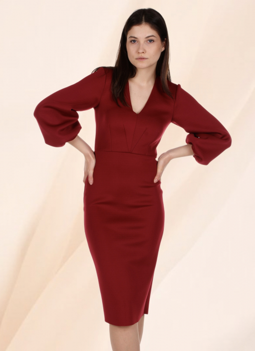 rochie office eleganta bodycon rosu bordo midi maneca lunga conica [11]