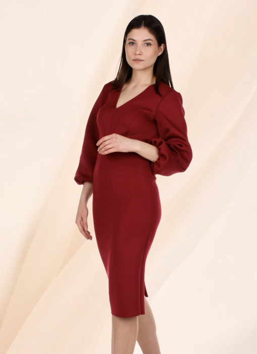 rochie office eleganta bodycon rosu bordo midi maneca lunga conica [6]