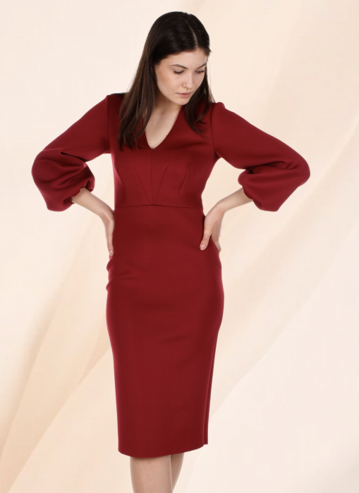 rochie office eleganta bodycon rosu bordo midi maneca lunga conica [7]