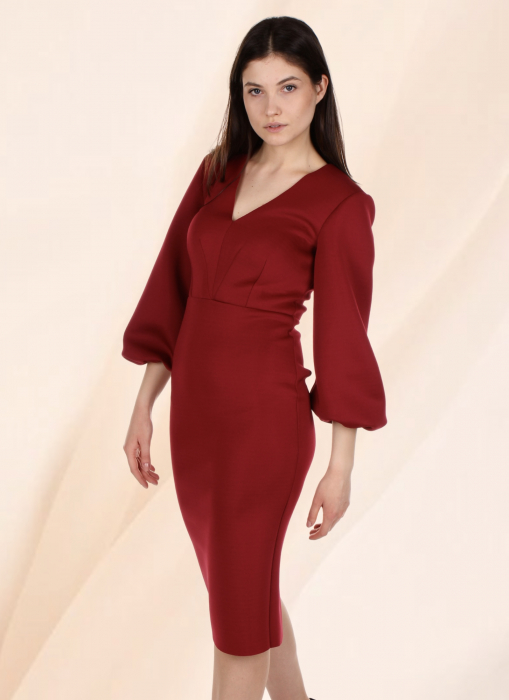 rochie office eleganta bodycon rosu bordo midi maneca lunga conica [2]