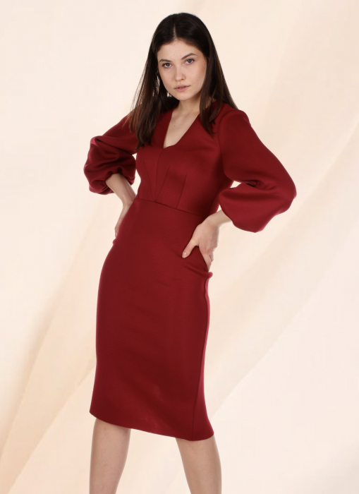 rochie office eleganta bodycon rosu bordo midi maneca lunga conica [10]
