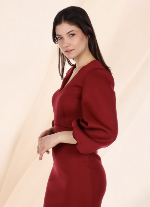 rochie office eleganta bodycon rosu bordo midi maneca lunga conica [9]