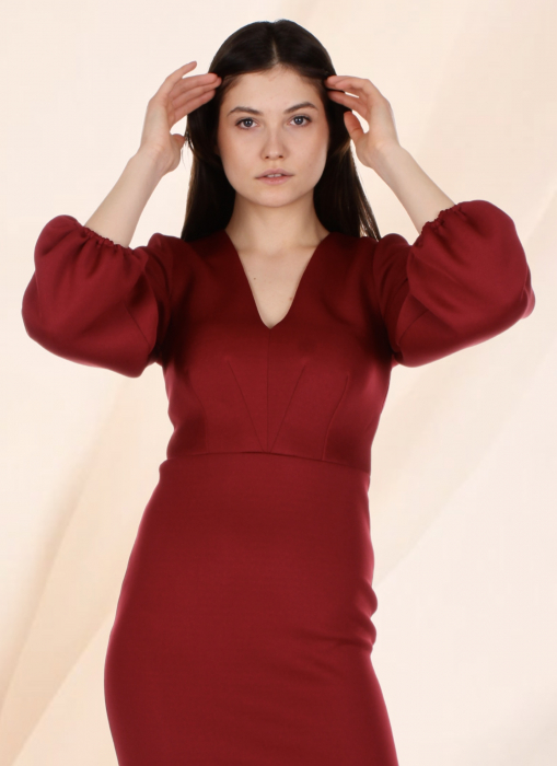 rochie office eleganta bodycon rosu bordo midi maneca lunga conica [5]