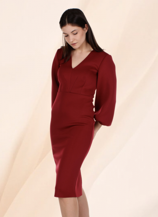rochie office eleganta bodycon rosu bordo midi maneca lunga conica [8]