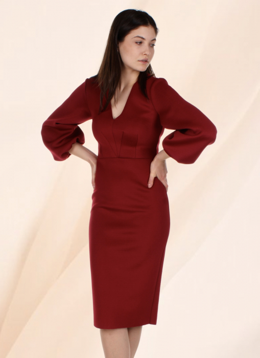 rochie office eleganta bodycon rosu bordo midi maneca lunga conica [1]