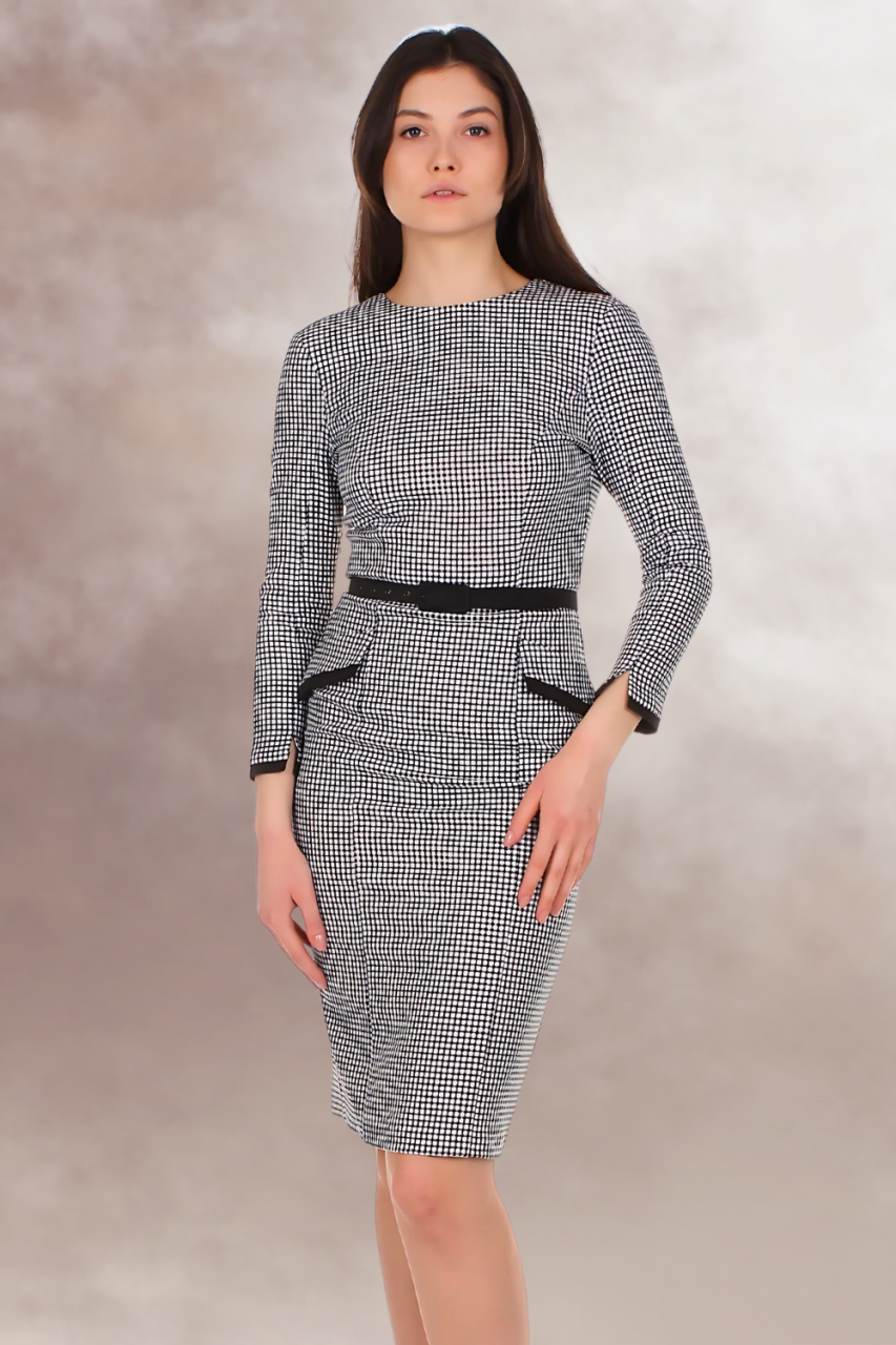 rochie office midi conica alb negru maneca lunga curea in talie [2]