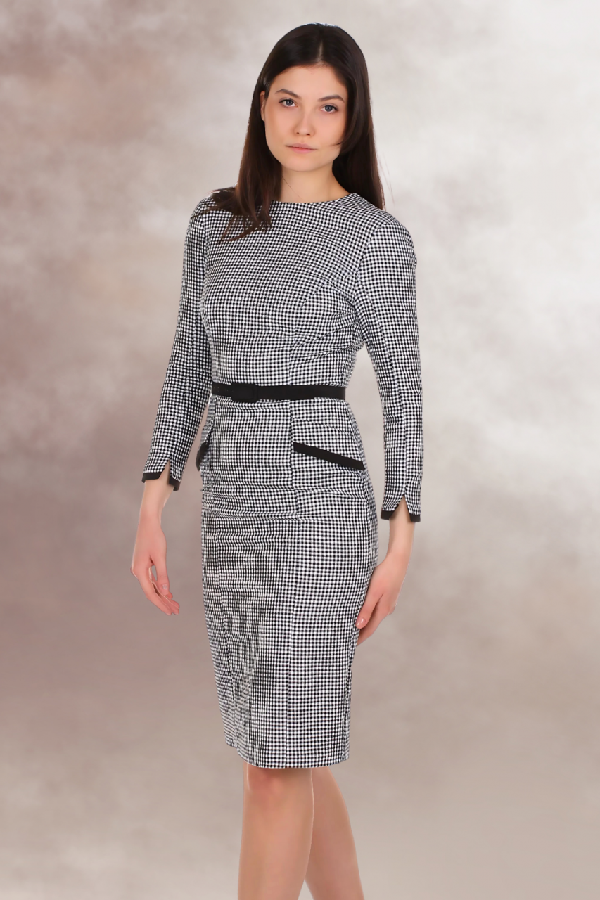 rochie office midi conica alb negru maneca lunga curea in talie [6]