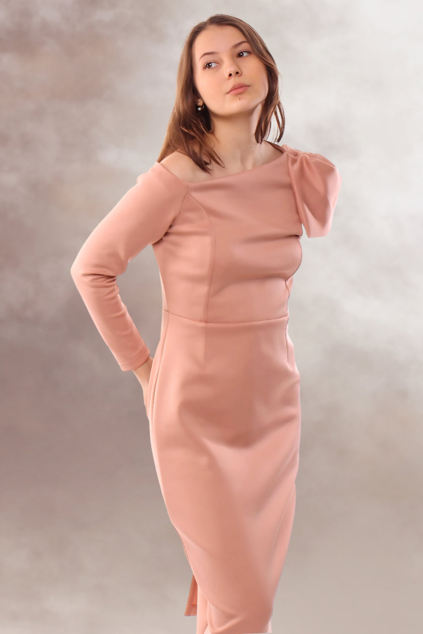 rochie eleganta midi roz pudra elastica umar gol maneca lunga [2]