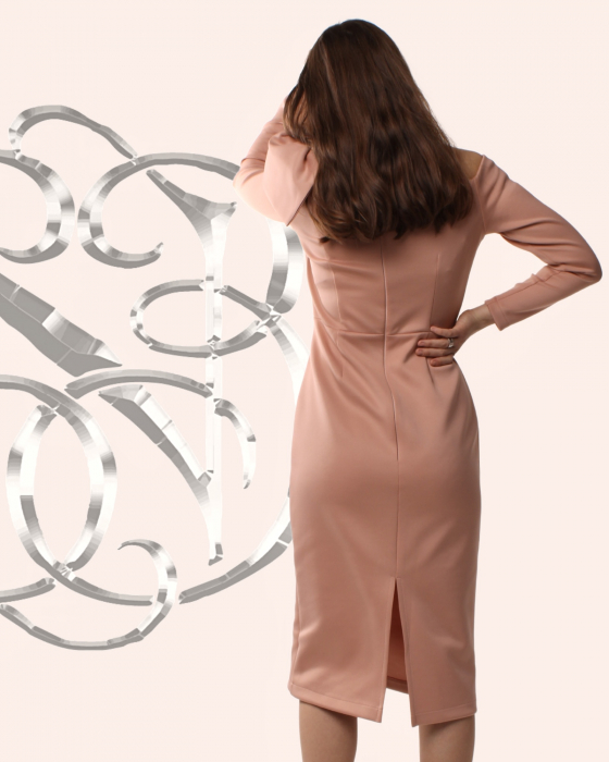 rochie eleganta midi roz pudra elastica umar gol maneca lunga [4]
