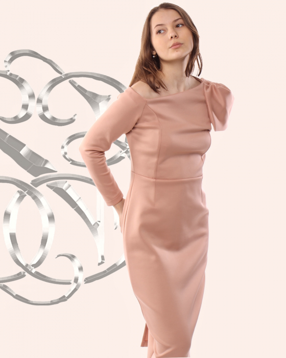 rochie eleganta midi roz pudra elastica umar gol maneca lunga [1]