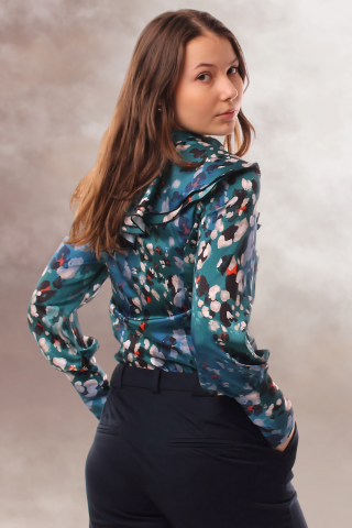 camasa print turcoaz eleganta office satin maneca lunga nasturi imbracati [3]