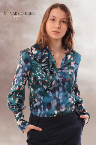 Topuri - camasa print turcoaz eleganta office satin maneca lunga nasturi imbracati