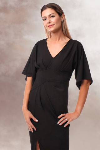rochie lunga maxi dress neagra eleganta maneca fluture slit pe picior [1]