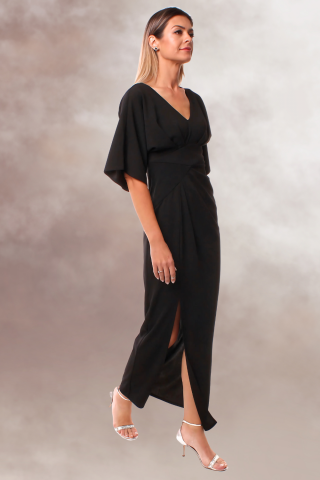 rochie lunga maxi dress neagra eleganta maneca fluture slit pe picior [2]
