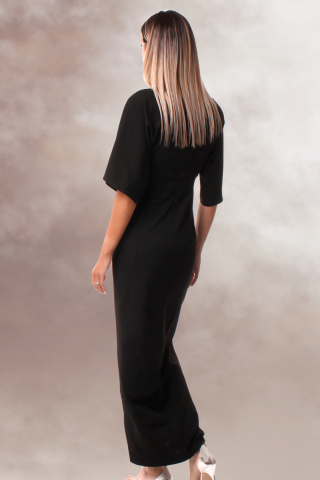 rochie lunga maxi dress neagra eleganta maneca fluture slit pe picior [3]