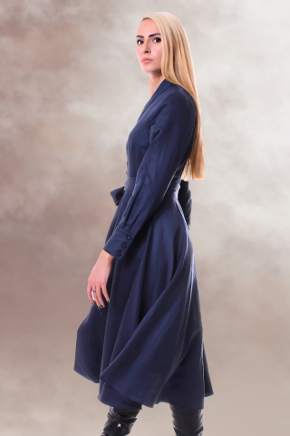 rochie office midi clos albastru bleumarin guler rever nasturi imbracati cordon in talie [1]