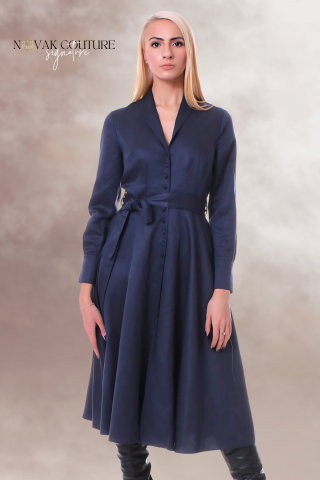 Rochii - rochie office midi clos albastru bleumarin guler rever nasturi imbracati cordon in talie