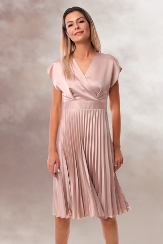 rochie satin midi plisata office bej bust parte peste parte [4]