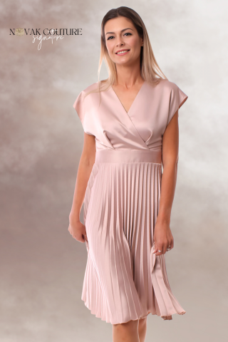 Rochii - rochie satin midi plisata office bej bust parte peste parte