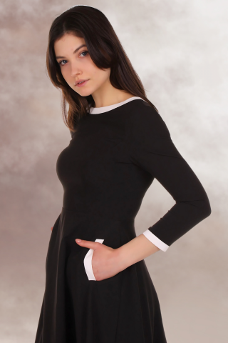 rochie office midi clos maneca lunga buzunare alb negru [3]