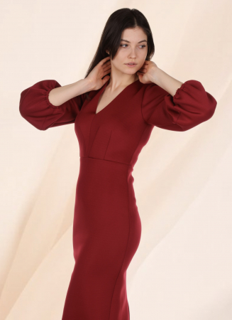 rochie office eleganta bodycon rosu bordo midi maneca lunga conica [2]