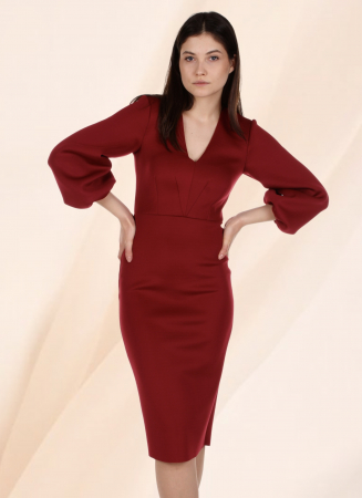 rochie office eleganta bodycon rosu bordo midi maneca lunga conica [10]