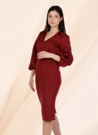 rochie office eleganta bodycon rosu bordo midi maneca lunga conica [5]