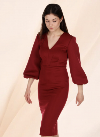 rochie office eleganta bodycon rosu bordo midi maneca lunga conica [3]