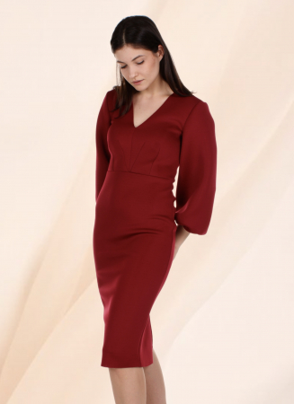 rochie office eleganta bodycon rosu bordo midi maneca lunga conica [7]