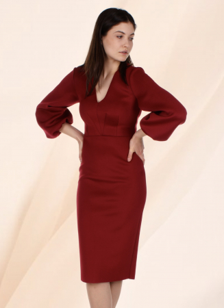 rochie office eleganta bodycon rosu bordo midi maneca lunga conica [0]