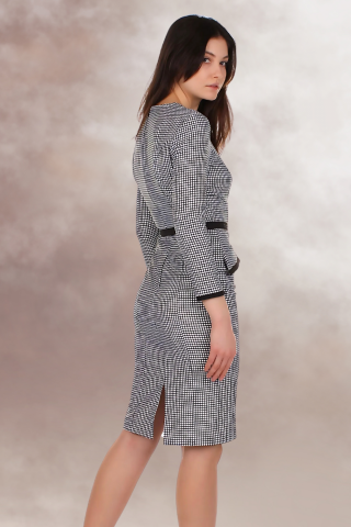 rochie office midi conica alb negru maneca lunga curea in talie [4]