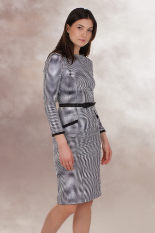 rochie office midi conica alb negru maneca lunga curea in talie [3]