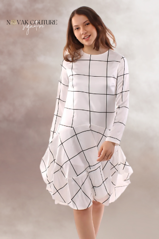 Rochii - rochie croiala A satin midi casual carouri alb negru