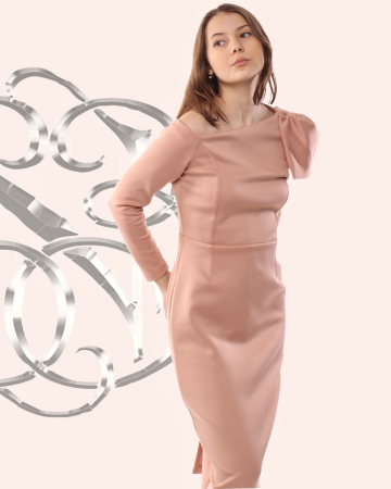 rochie eleganta midi roz pudra elastica umar gol maneca lunga [0]