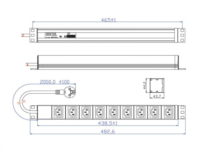 Bachmann PDU 19' 333.539, 1U, 9 prize IEC320 C13, cablu alimentare 2m cu conector Schuko, profil de aluminiu [3]