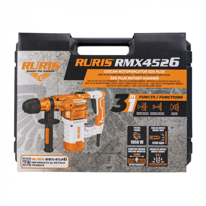 Ciocan rotopercutor RURIS RMX 4526, SDS Plus, 1050 W, 4.5 J, accesorii, geanta transport 4526rmx2024 [2]