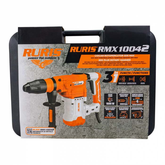 Ciocan rotopercutor SDS Max RURIS RMX10042, 1600 W, 230-240 V, 3800 BTM, 10 J, 42 mm diametru maxim gaurire, sistem anti vibratii 10042rmx2024 [7]