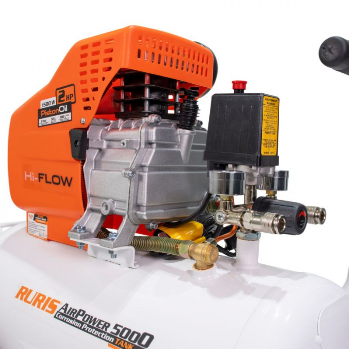 Compresor aer Ruris AirPower5000PLUS, 50l, 1500 W, 8bari, 180 L/min, kit de accesorii (pistol suflare, pistol pulverizare, pistol spălare, pistol umflare, furtun spiralat) 5000plus21 [3]