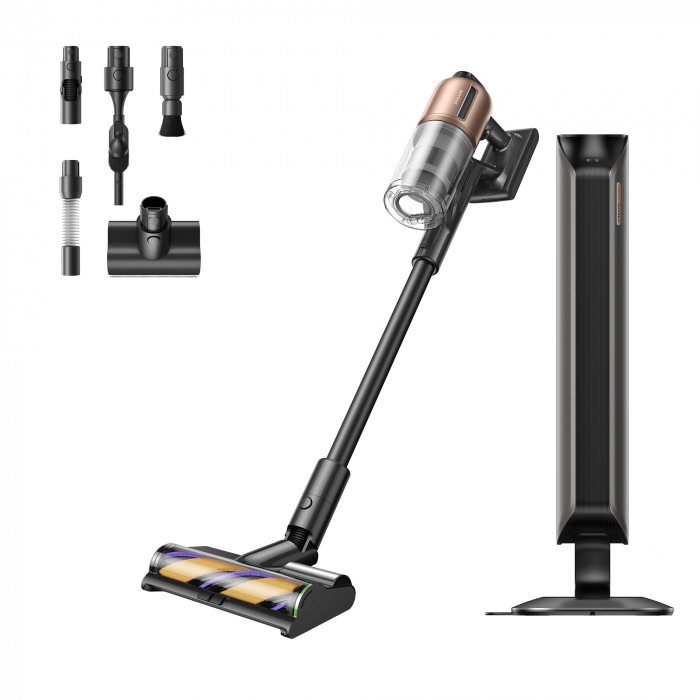 Dreame Z20 Station aspirator vertical fără fir, 250AW, stație auto-golire 3L, perie Omni-Brush cu iluminare CelesTect™, filtrare HEPA H14 99,99%, autonomie 90min, detecție inteligentă a murdăriei, control LCD, accesorii multiple, gri-auriu [2]