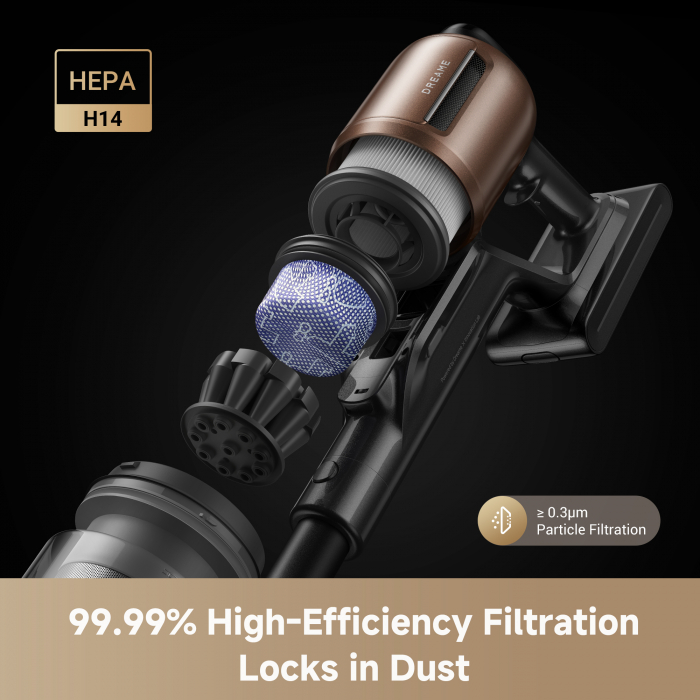 Dreame Z20 Station aspirator vertical fără fir, 250AW, stație auto-golire 3L, perie Omni-Brush cu iluminare CelesTect™, filtrare HEPA H14 99,99%, autonomie 90min, detecție inteligentă a murdăriei, control LCD, accesorii multiple, gri-auriu [5]