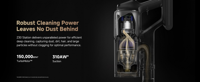 ​Dreame Z30 Station aspirator vertical fără fir, 310AW, stație auto-golire, detectare inteligentă a murdăriei, autonomie 90 min, baterie 8x3200mAh, filtru HEPA 99,99%, perie multifuncțională CelesTect™ negru-gri [3]