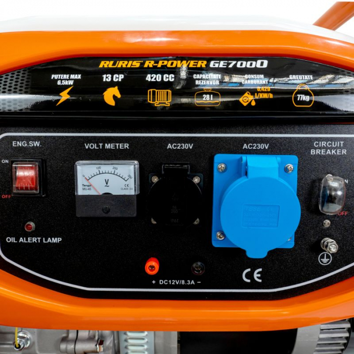 Generator Ruris r-power GE7000, 13 CP, 6500 W, 420 CC, 4 timpi, 2 prize, 220 V, AVR, pornire manuala, voltmetru analogic, 28 l capacitate rezervor, benzina,7000ge2022 [4]