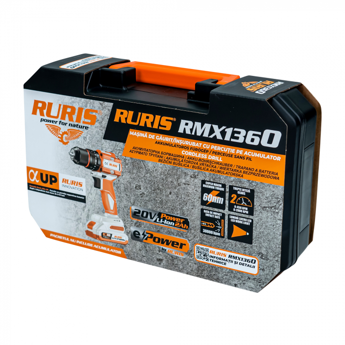 Masina de gaurit/insurubat (bormasina) cu percutie pe acumulator Ruris rmx1360, 20 V, 2 viteze, motor brushless, 3000 BPM, 60 Nm, fara acumulator/incarcator, 1360rmx2024 [5]