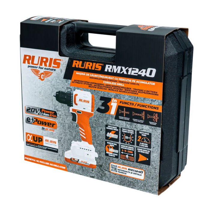 Masina de gaurit si insurubat (bormasina) pe acumulator RURIS RMX1240, 20 V, 2 viteze, motor brushless, fara acumulator/incarcator,1240rmx2024 [2]